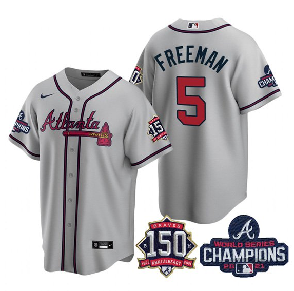Men's Atlanta Braves #5 Freddie Freeman 2021 Grey World Series Champions With 150th Anniversary Patch Cool Base Stitched Jersey
